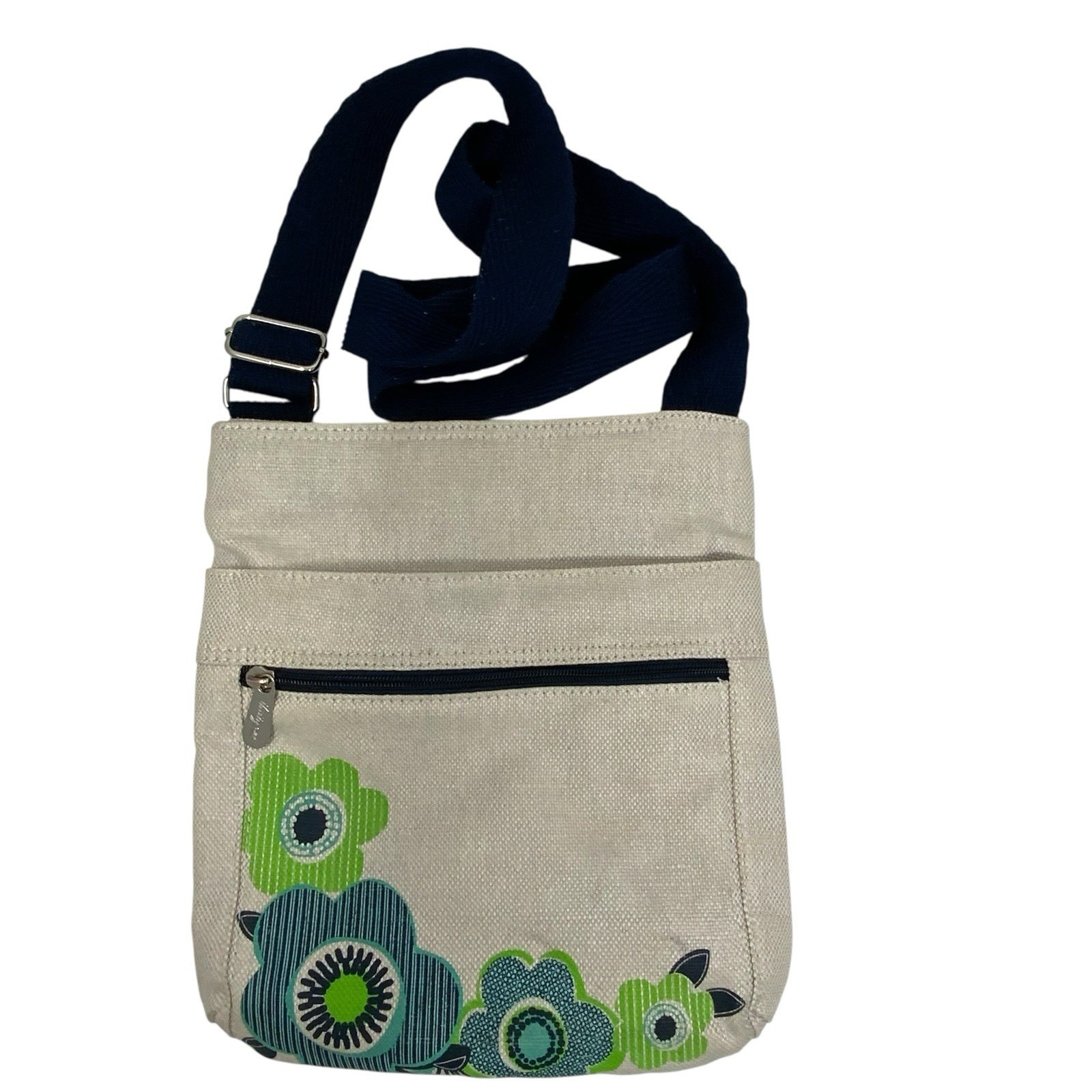 Thirty-One Canvas Crossbody Bag Floral Print Cream Blue Green Adjustable Strap